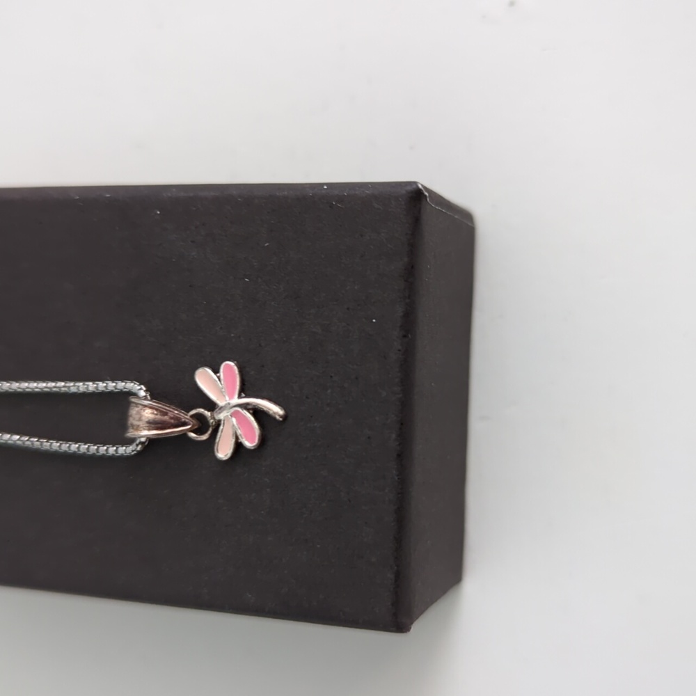 Petite Pink Dragonfly Necklace on 18" Sterling Chain
